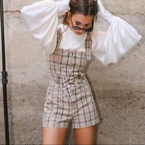 WeWoreWhat Moto Tan Plaid Romper/Overalls XS